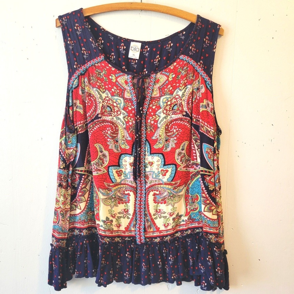 Bila Womens XL Navy Red Paisley‎ Embroidered Tassel Peplum Sleeveless Rayon Top